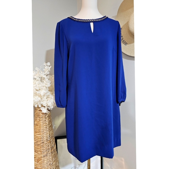 Tahari Arthur Levine Cobalt Blue Chain Trim Long Sleeve Mini Dress - Picture 1 of 10